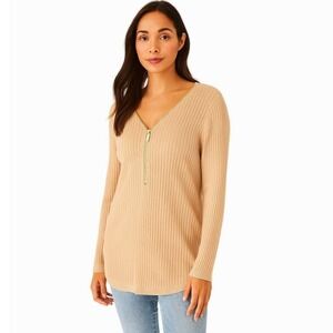 Soft Surroundings Ribbed Sweater Gold Zipper Medium, Beige Neutral Knit Cottage